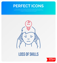 Loss of skills, Alzheimer disease, long covid, dementia thin line icon. Broken light bulb under man's head. Vector illustration.