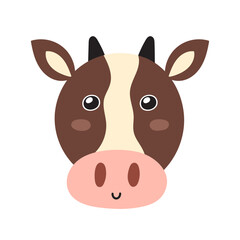 Cute cow face in cartoon style. Farm character head for baby and kids design. Funny smiling animal print. Vector illustration