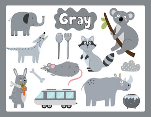 Set of gray color objects. Primary colors flashcard with gray elements. Learning colors for kids. Vector illustration