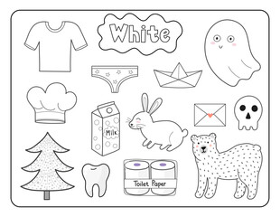 Set of white color objects. Primary colors flashcard with white elements. Learning colors for kids. Vector illustration