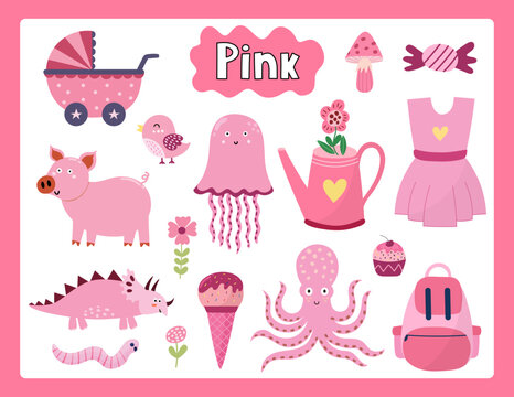 Set of pink color objects. Primary colors flashcard with pink elements. Learning colors for kids. Vector illustration