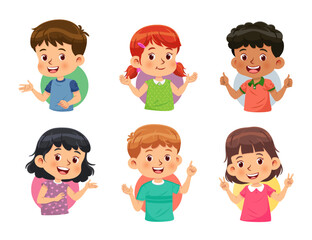 Set of Different Kids with various postures. Vector cartoon of boys and girls on white background