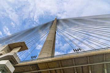 Belgrade, Serbia - June 08 , 2022:The Ada bridge (Most na Adi) is a cable-stayed bridge over the Sava river in Belgrade, Serbia. Ada bridge in Belgrade Serbia with one pylon