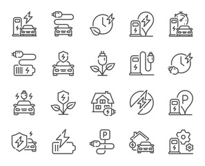 Electric car charging line icons. Charge station, Ev parking and Battery charger set. Home car charging, power station and electro energy line icons. Charge battery, parking electric plug. Vector - obrazy, fototapety, plakaty