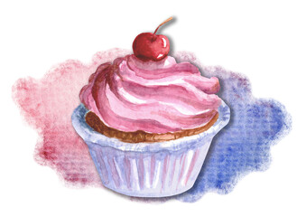 Cupcake on watercolor stain. Watercolor illustration. Sweet clipart.
