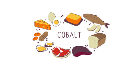 Cobalt-containing food. Groups of healthy products containing vitamins and minerals. Set of fruits, vegetables, meats, fish and dairy