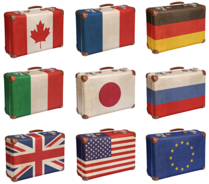 Vintage suitcases with G8 and EU flags, isolated - Powered by Adobe