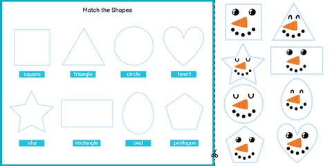 Match the shapes with cute snowman face activity page for kids. Winter cut and glue worksheet. Educational game for children. Sensory activity puzzle. Vector illustration - obrazy, fototapety, plakaty
