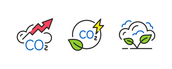 Zero emissions line icon set. Carbon dioxide pollution, Co2 emissions. Eco environment symbol. Line style carbon dioxide pollution icon. Save ecology and environment symbol. Vector