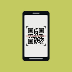 black smartphone with qr code on screen in flat style. vector illustration with a red laser stripe on the screen of a mobile phone