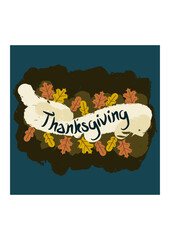 Editable Brush Strokes Retro Greeting Vector Illustration with Foliage and Manual Lettering for Thanksgiving Related Design