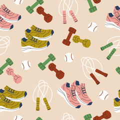 Seamless pattern of different sport equipment. Fitness inventory and accessories. Sneakers, dumbbells, jumping-rope, tennis ball. Hand drawn vector illustration isolated on background. Flat style