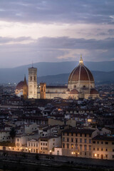 View of Santa Maria Del Fiore Cathedral in Florence in the evening with dramatic sky. Italy. Travel. Tourism.