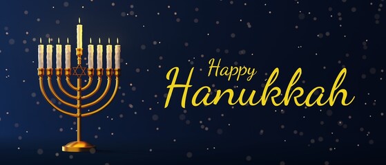 Naklejka premium Happy Hanukkah banner design. Traditional Jewish holiday Hanukkah background with menorah and candles.