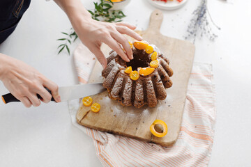 Delicious cupcake with fruits on the table. Appetizing dessert for the holiday. High quality photo