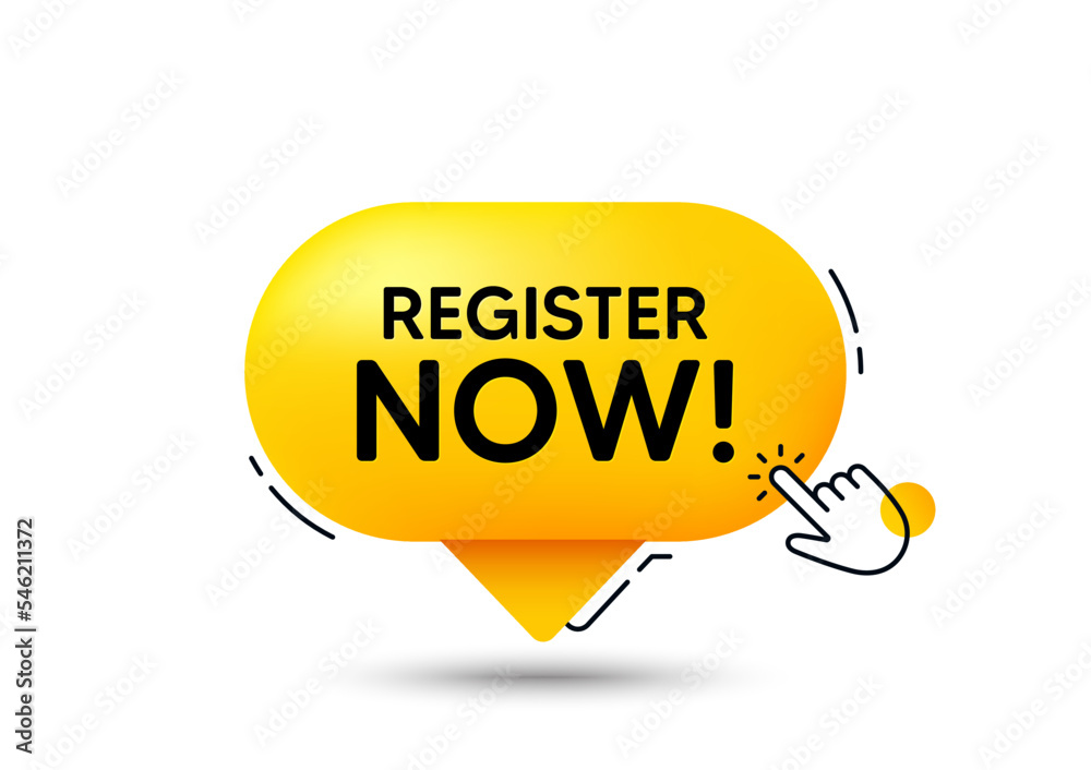 Fototapete register now chat bubble with hand cursor. registration button with click here finger icon. internet
