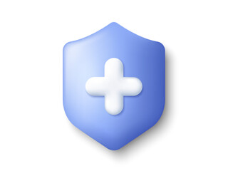 Shield 3d icon. Health care concept with cross. Medic care insurance. Immune system virus protection. Medicine health, pharmacy care and medical hospital symbol. Medic 3d shield. Vector