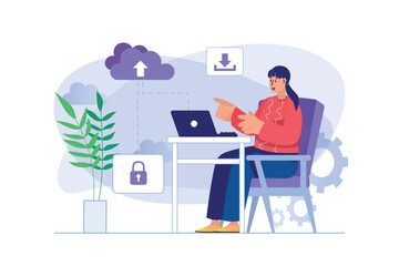 Cloud computing concept with people scene in flat design.