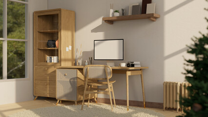 Scandinavian and comfortable home working room interior with computer on wood table