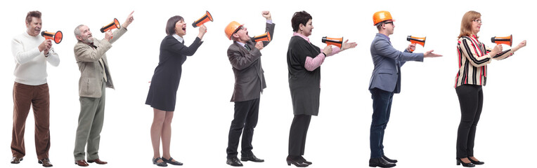 Fototapeta premium collage of successful architects speaks into a loudspeaker