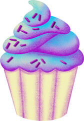 Hand drawn illustration of holographic dreamy desserts, sweet tasty candy cupcake. Cute trendy lollipop design, pink purple blue baking bakery pastel party food, sugar recipe cooking.