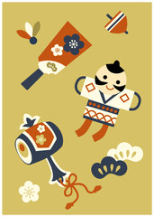 お正月のアイコン　小槌　凧　羽子板　イラスト素材