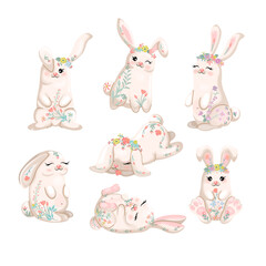 Set of cute vector bunnies with flowers