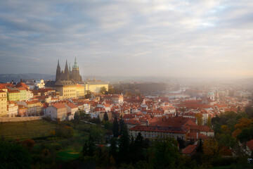 View of Prague Castle and Prague in the morning in autumn. Autumn. Travel.