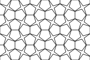 Regular pentagon and star shape repeating geometric  outline pattern in black, PNG transparent background