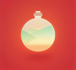A circular perfume bottle with a geometric shape reminiscent of the sun on an orange background