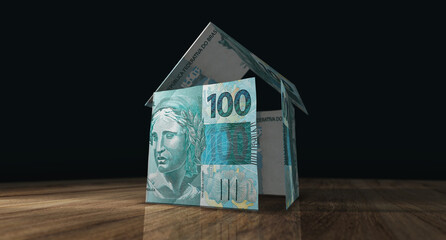 Brazil Brazilian Real 100 BRL money banknotes paper house on the table 3d illustration