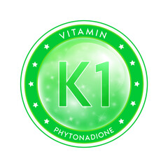 Water vitamin K1 drop label green. Sign icon logo and badge. Isolated on white background. For designing food or beauty products. Medical healthcare and Drug business marketing ads concept. Vector.