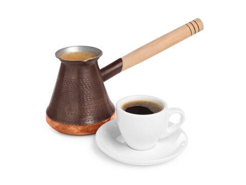 Turkish Coffee Pot And Cup With Hot Beverage On White Background