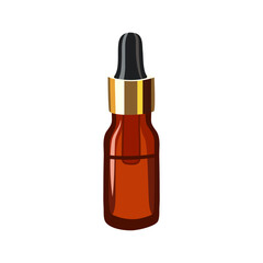 Set of realistic glass bottles with dropper. Cosmetic vials for oil, liquid essential, collagen serum. Mock up vector illustration isolated on white background. Brown, beige, black and gold colors.