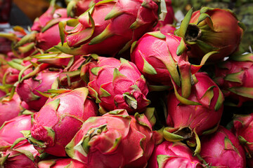 Pile of delicious fresh ripe pitahayas, closeup