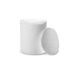 Pile of cotton pads on white background