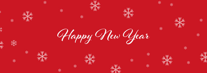 Fototapeta na wymiar Happy New Year banner. Text Happy New Year and falling snowflakes on red background. 