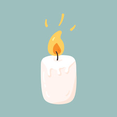 Wax burning candle. Christmas, hygge, spa and easter symbol isolated in cartoon style. Vector illustration