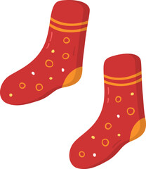 Christmas cartoon socks. Red winter or autumn pair socks with patterns. Vector or png illustration