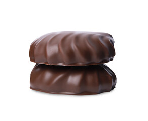 Delicious chocolate covered marshmallows isolated on white