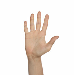 Man on white background, closeup of hand