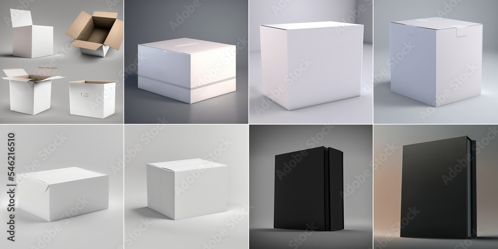 Poster layout of a white and black cardboard packaging box in different positions. empty white mockups of a
