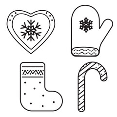 Set of Christmas Ginger cookies, black outline, vector illustration