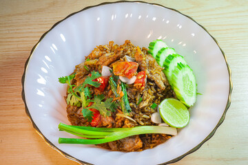 Thai railway fried rice on a white plate.