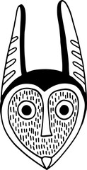 African tribal ritual mask. Doodle black and white simple illustration. Line art sketch. Vector artwork