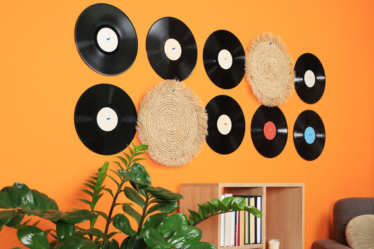 Living room interior decorated with vinyl records