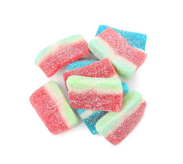 Pile of tasty colorful jelly candies on white background, top view