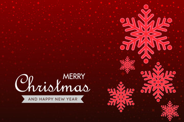 Merry Christmas and a Happy New Year in white with snowflakes falling on a red background. Christmas snowy winter design. Cold weather effect. Magic nature fantasy snowfall texture decoration.