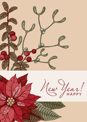 Merry Christmas and Happy New Year vertical greeting card with hand drawn poinsettia flower and mistletoe brunches. Festive colorful background. Vector illustration in sketch style