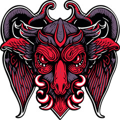 A symbol with a goat's head, horns and wings. Portrait of the devil. Creative illustration for t-shirt design, sticker or CD cover in modern style. In red, gray and black.